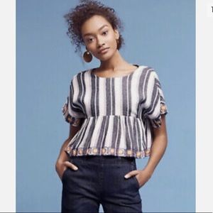 Anthropologie Maeve Striped Boho Peplum Blouse with Tassel Tie and Open Back